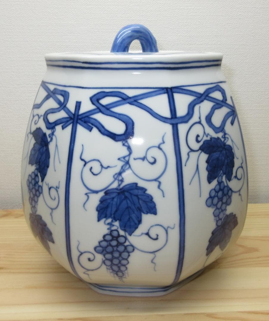 送料込【逢絢亭】茶道具 水指 京焼 染付 葡萄棚の図 西村徳泉 共箱入り