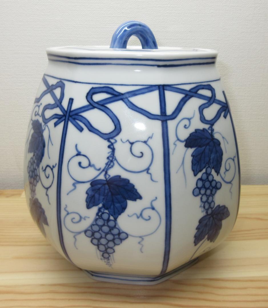 送料込【逢絢亭】茶道具 水指 京焼 染付 葡萄棚の図 西村徳泉 共箱入り
