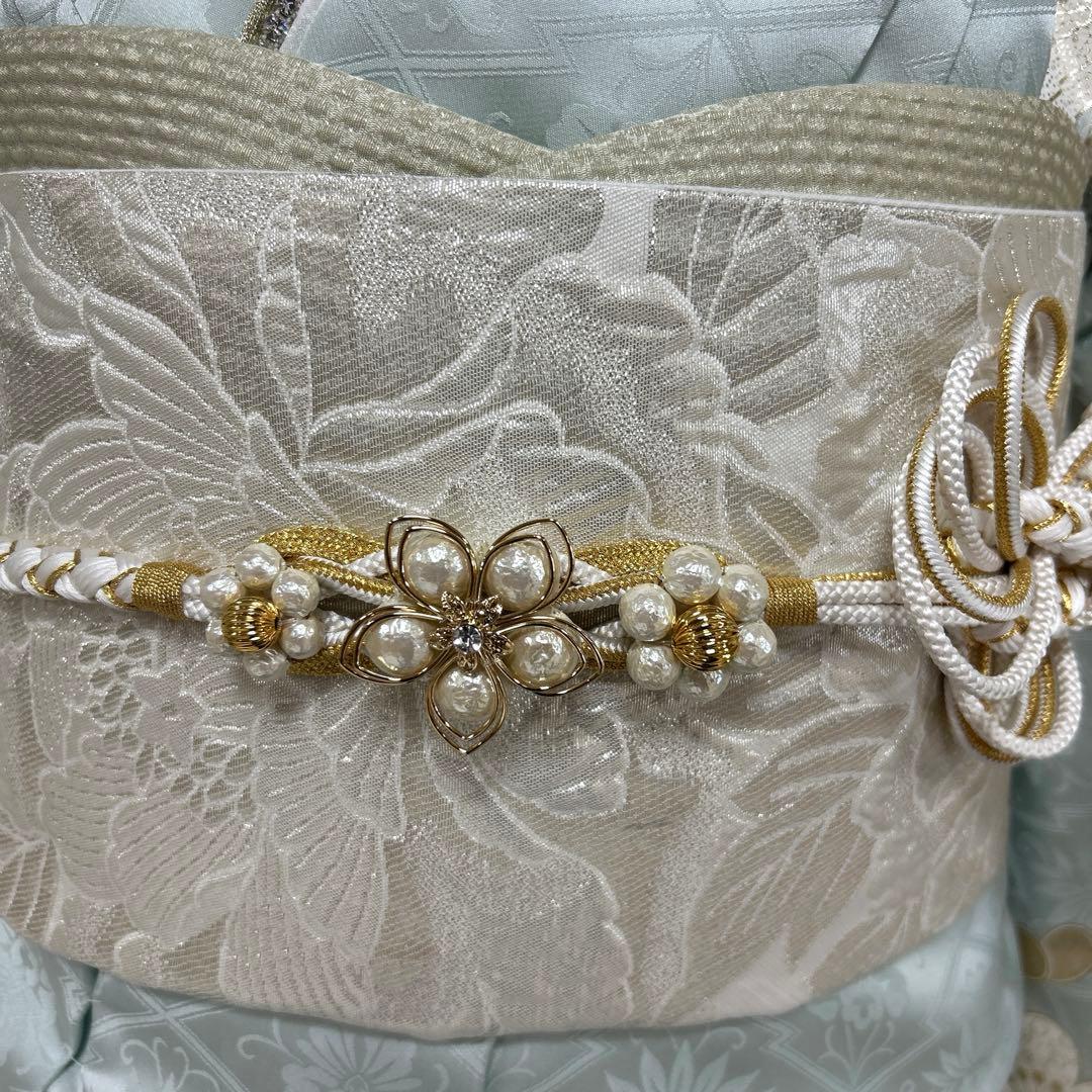 水色の上品な金彩銀彩の牡丹や手毬の振袖フルセット