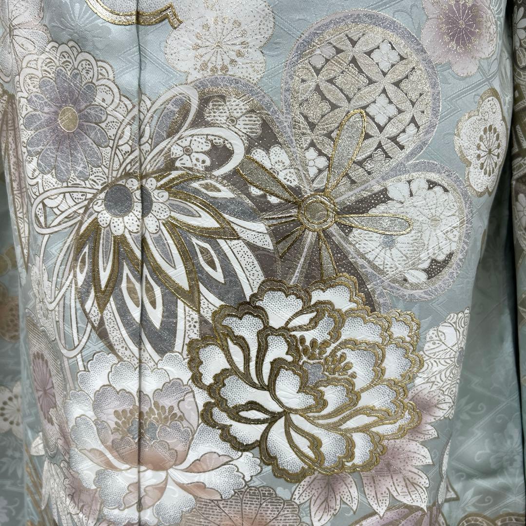 水色の上品な金彩銀彩の牡丹や手毬の振袖フルセット