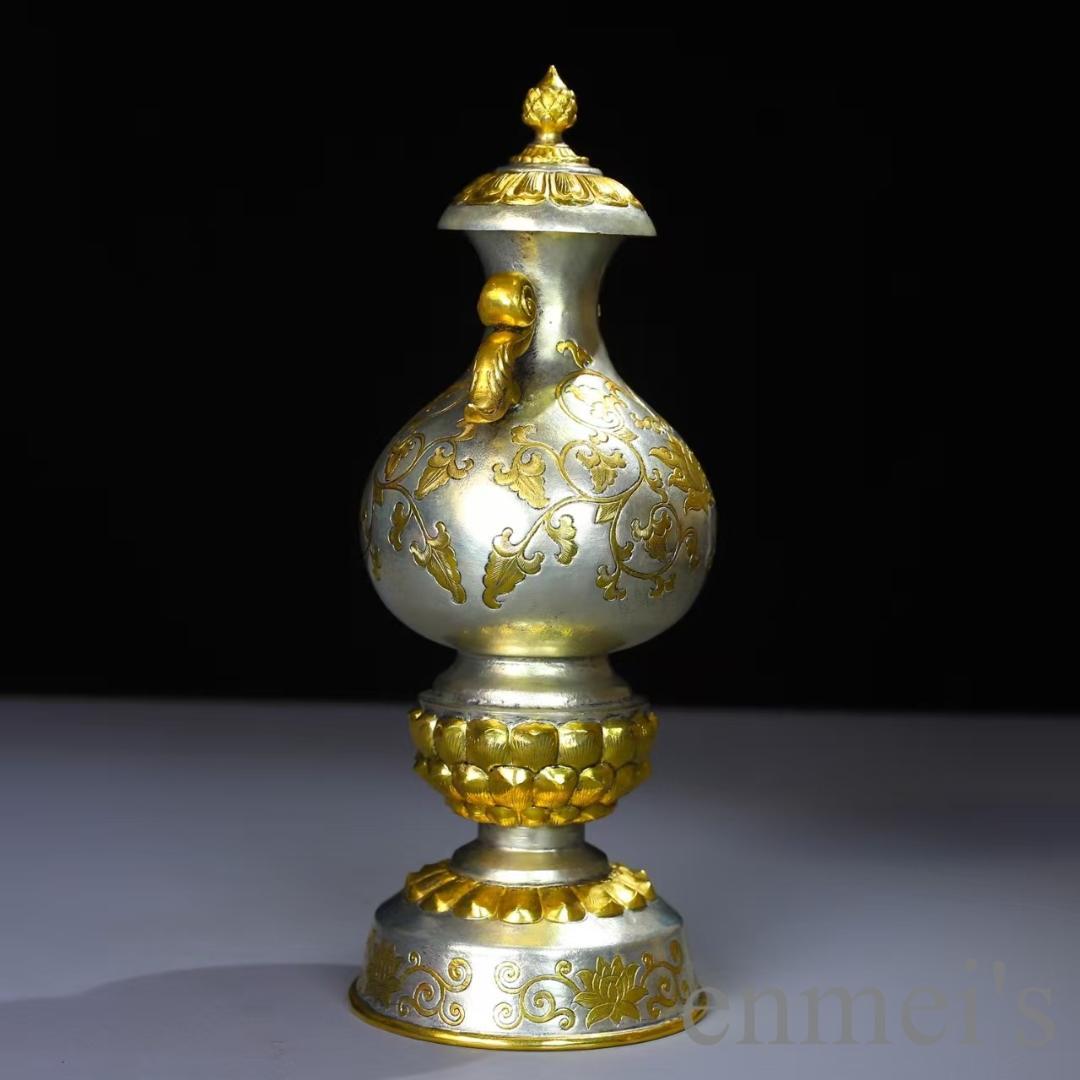 中国古美術 鍍金銅瓶 手彫り 鏨刻 描金 純銅製 花器 床の間飾り古賞物 古擺件