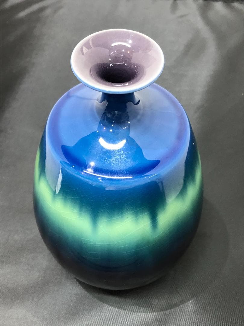 九谷焼 人間国宝 三代 徳田八十吉 壱 正彦 赤銘 碧明耀彩釉 花器 飾壺 共箱