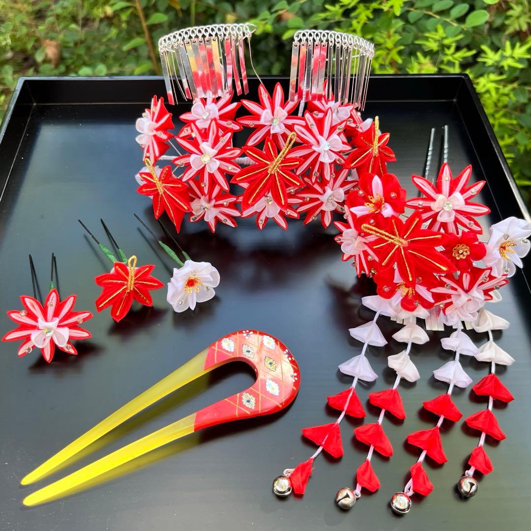 勝山髪飾り 七五三 7歳 (赤) 紅葉