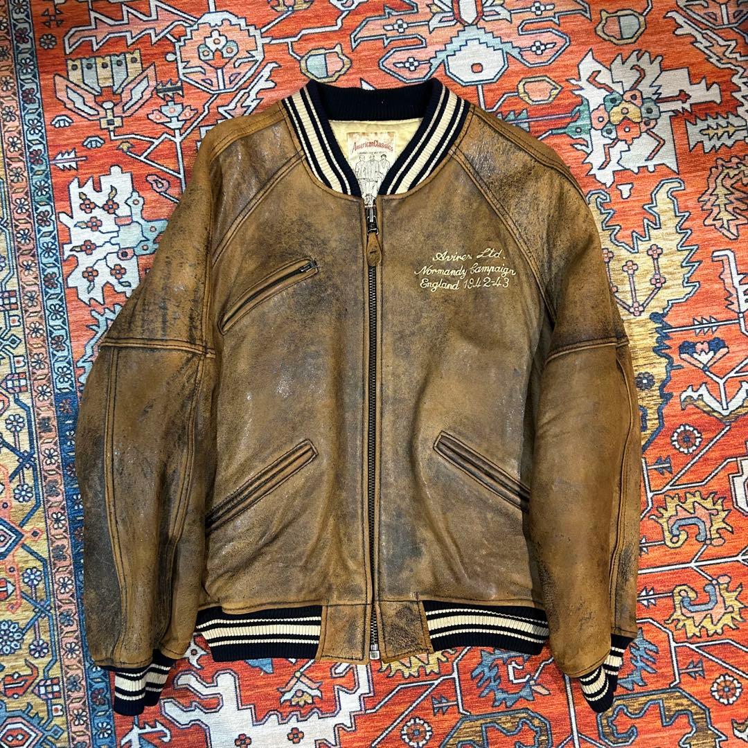 90s AVIREX アヴィレックス オールレザースタジャン ブラウン S