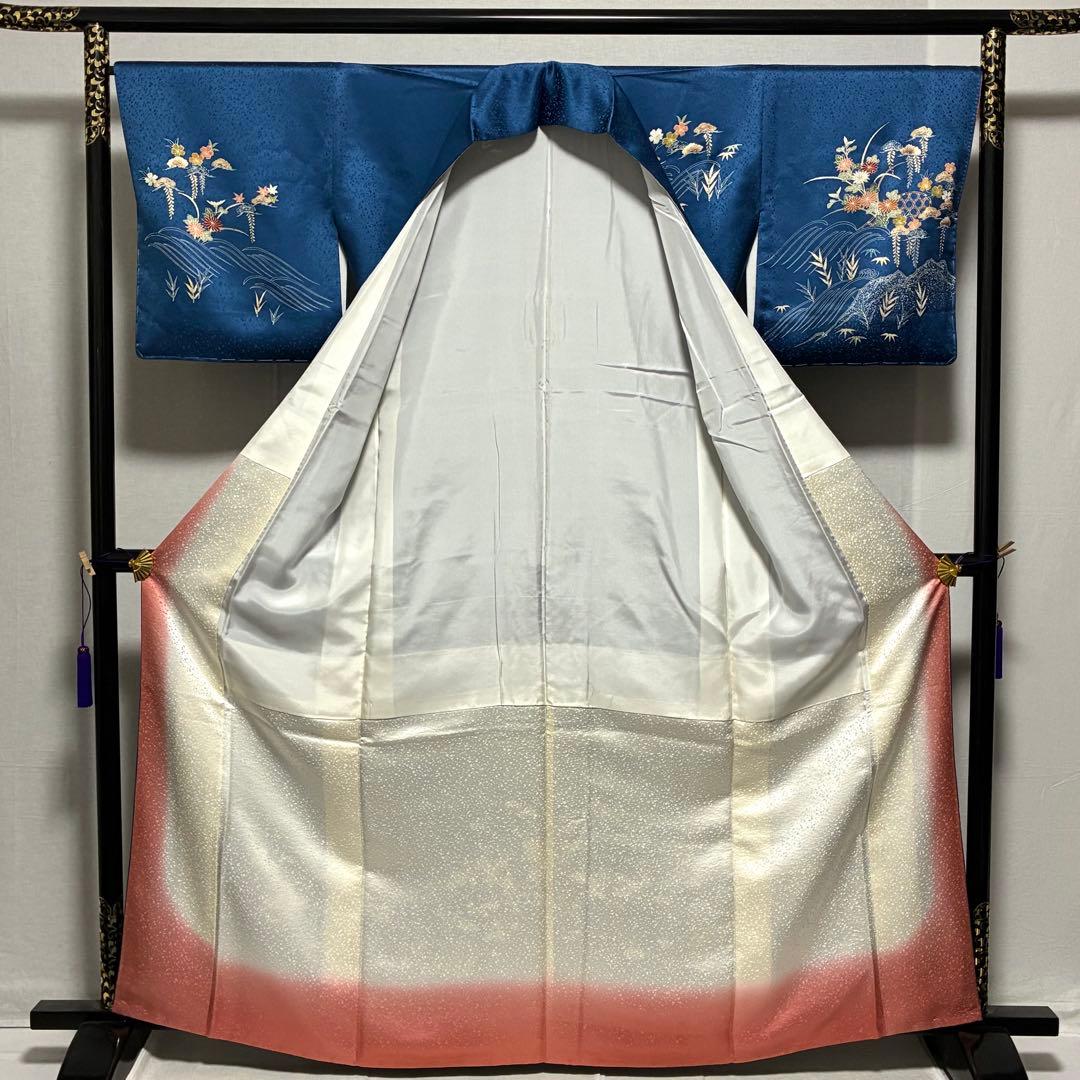 D74 訪問着 ブルー 一つ紋 花模様 正絹 着物 袷 しつけ糸付き未使用極美品