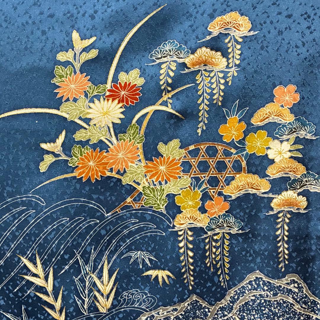 D74 訪問着 ブルー 一つ紋 花模様 正絹 着物 袷 しつけ糸付き未使用極美品