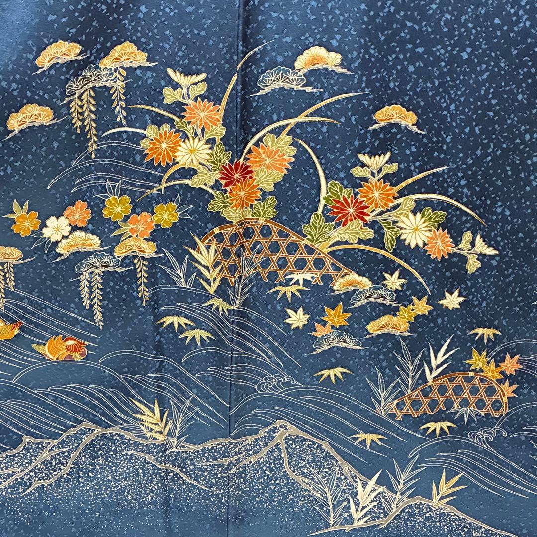 D74 訪問着 ブルー 一つ紋 花模様 正絹 着物 袷 しつけ糸付き未使用極美品