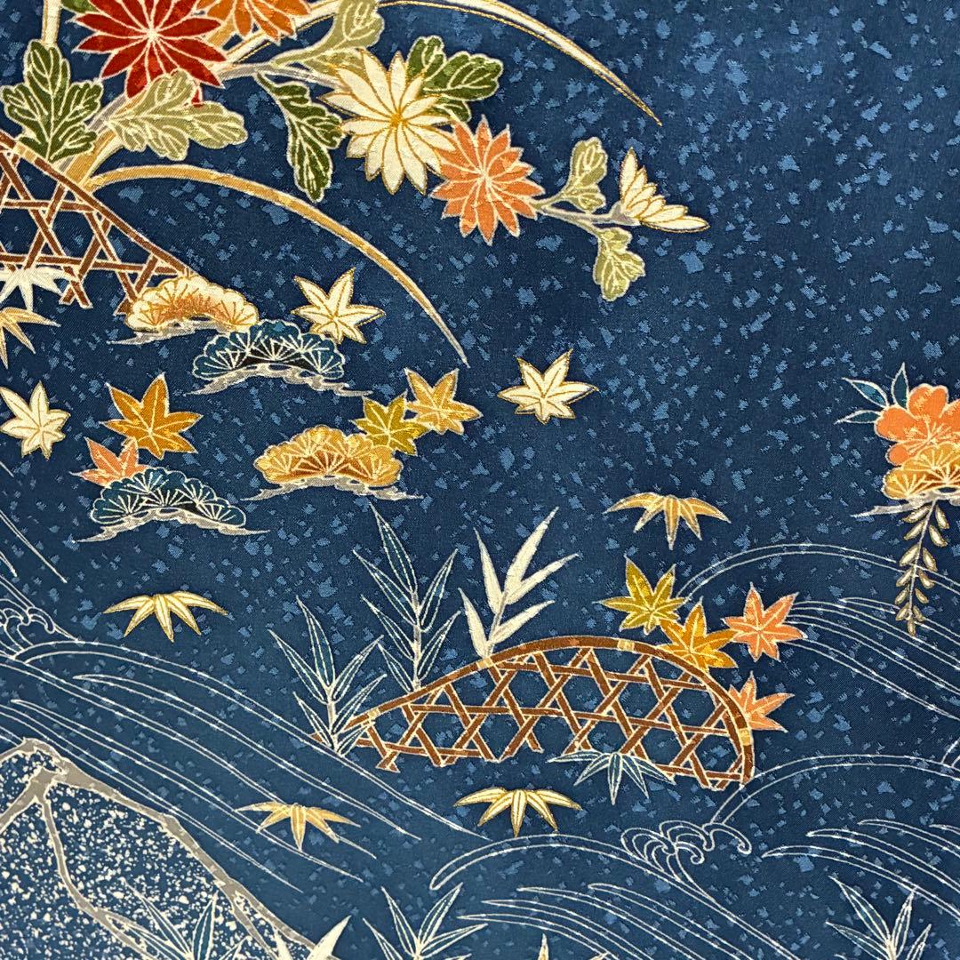 D74 訪問着 ブルー 一つ紋 花模様 正絹 着物 袷 しつけ糸付き未使用極美品