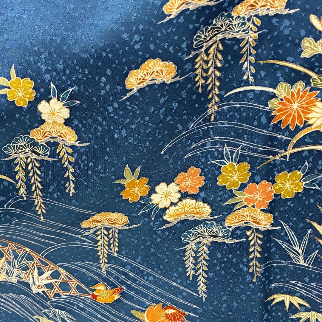 D74 訪問着 ブルー 一つ紋 花模様 正絹 着物 袷 しつけ糸付き未使用極美品