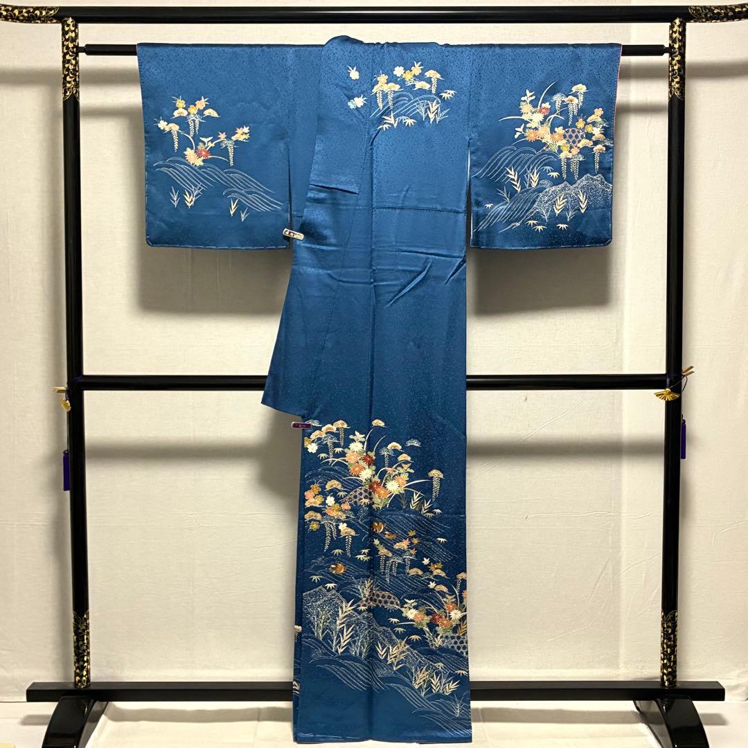 D74 訪問着 ブルー 一つ紋 花模様 正絹 着物 袷 しつけ糸付き未使用極美品