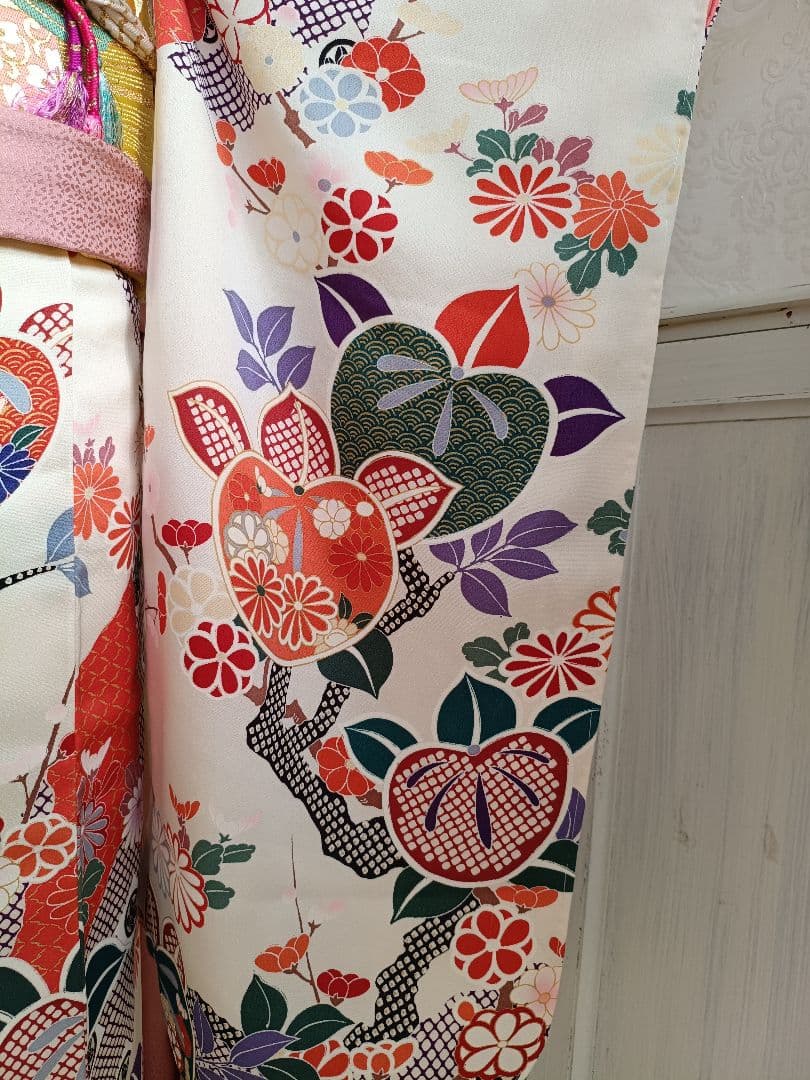 正絹クリーム色着物とイエロー系薔薇の花作り帯セット