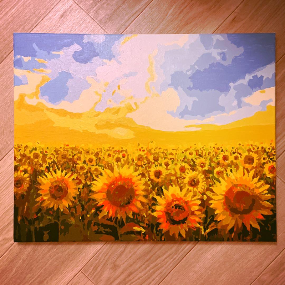 手書き油絵 ひまわり畑 絵画 ゴールド額付き インテリア 油彩画