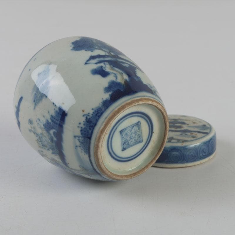 中国　青花　山水花鳥文　蓋壷　Z　8619