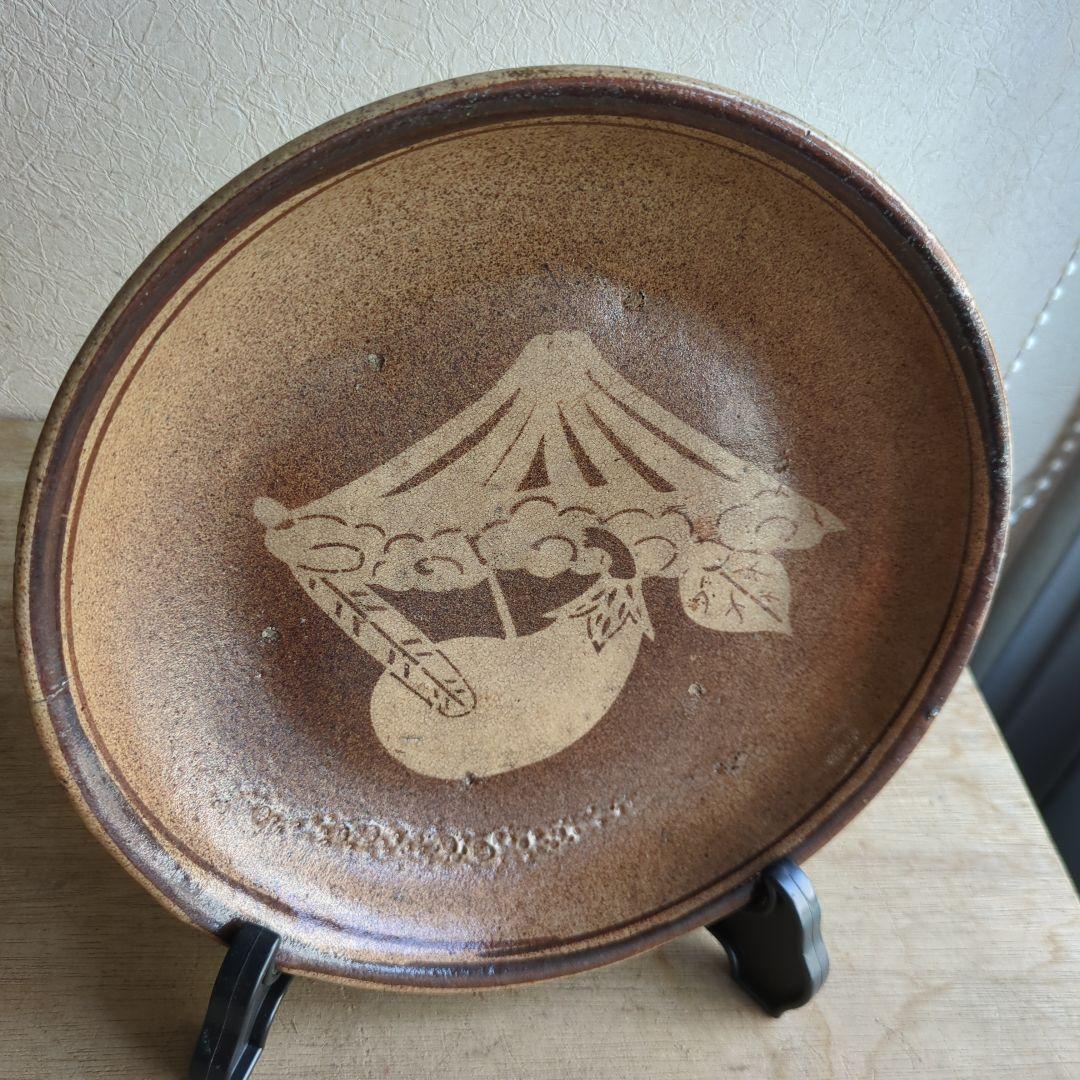 骨董 美濃焼 石皿 一富士二鷹三茄子 陶器 縁起柄 来福 飾り皿