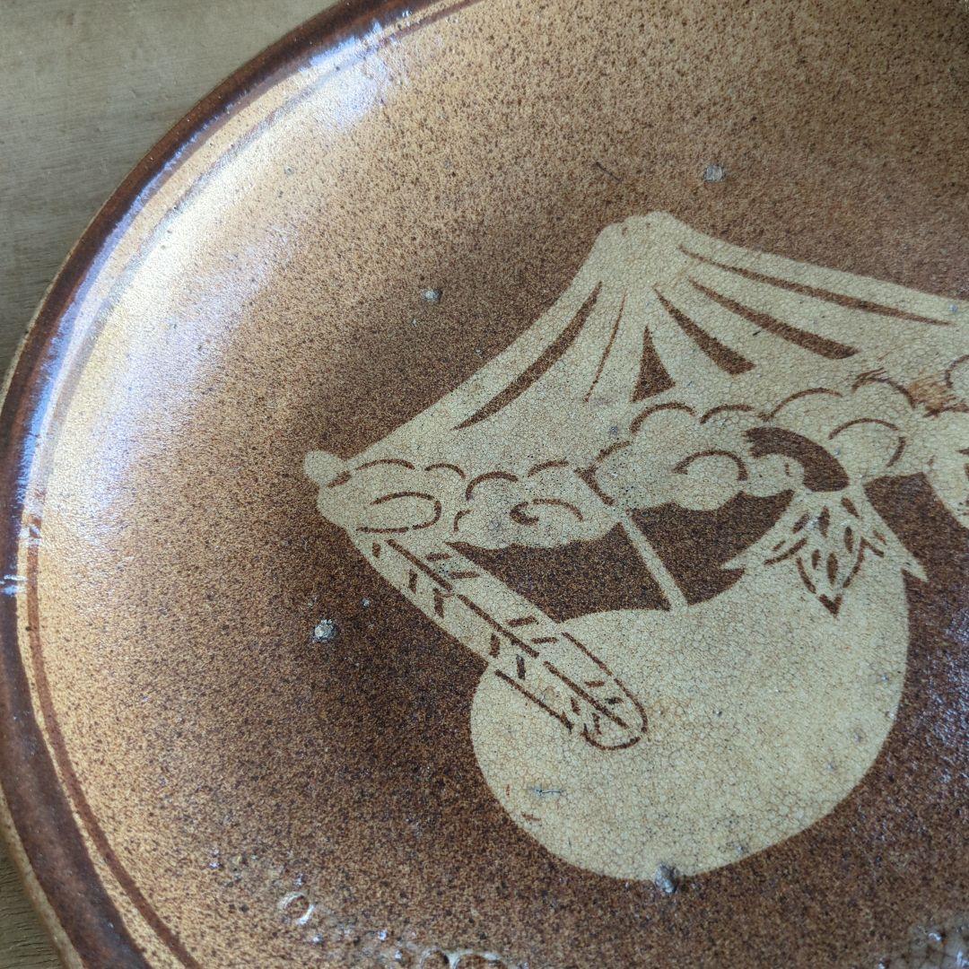 骨董 美濃焼 石皿 一富士二鷹三茄子 陶器 縁起柄 来福 飾り皿