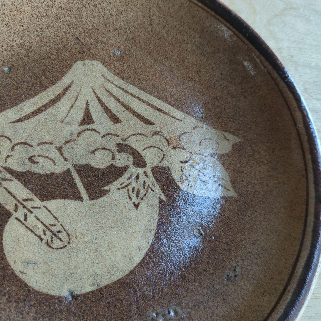 骨董 美濃焼 石皿 一富士二鷹三茄子 陶器 縁起柄 来福 飾り皿