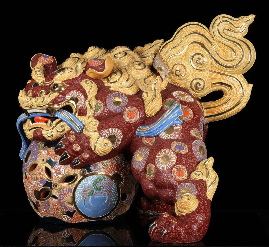 【特大九谷焼】玉乗獅子狛犬 九谷銘 金彩色絵 縁起物 開運 高さ48cm 蛇皮付