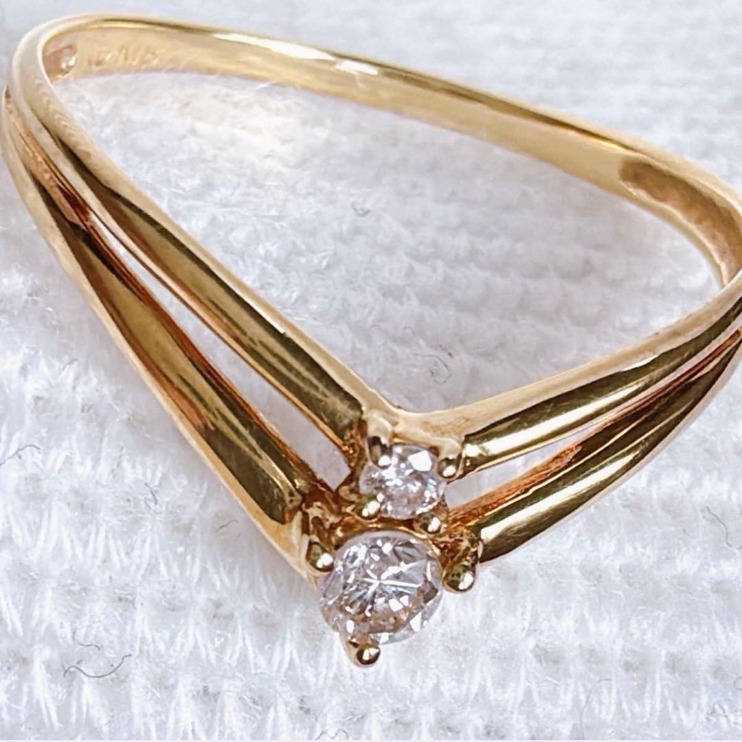 【1541】 K18 天然ダイヤモンド 2連 透かし V字 11.5〜12号