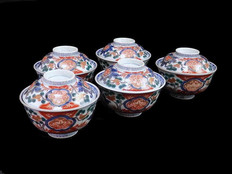 古伊万里　金襴手　窓絵　花鳥紋の図　蓋茶碗　５客　C884AS-CEv