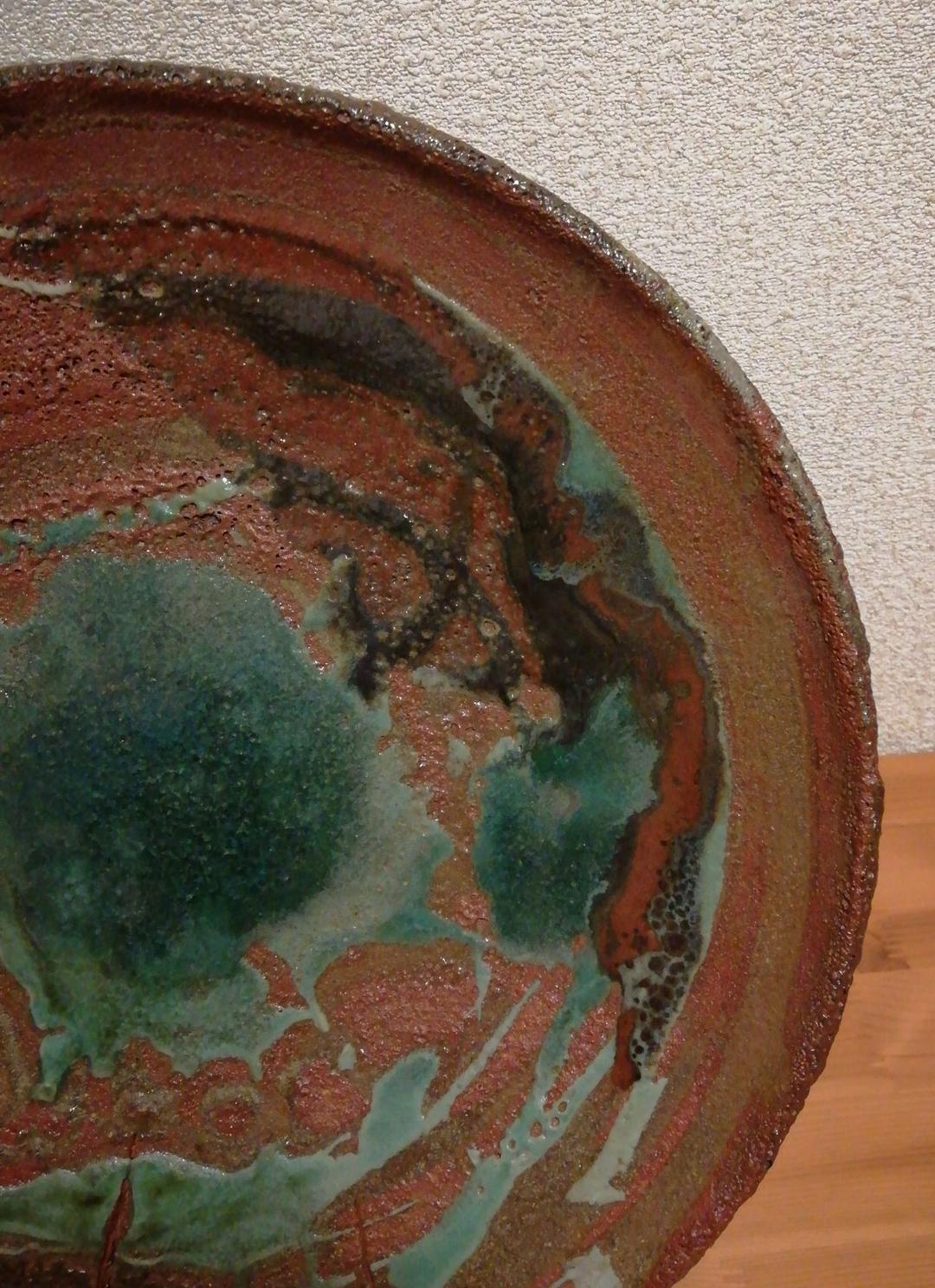 松井康成作　織部釉額皿　織部焼　共箱　略歴付