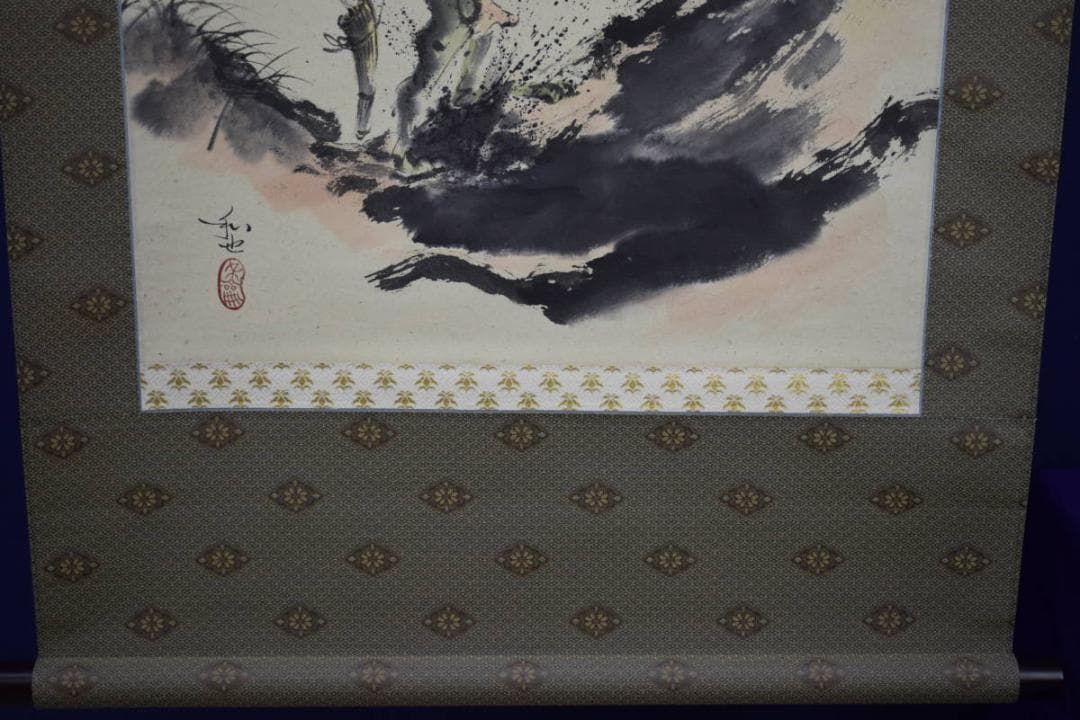 真作/笹川和也/蛙とゴルフ図/桐共箱付/布袋屋掛軸HI-332