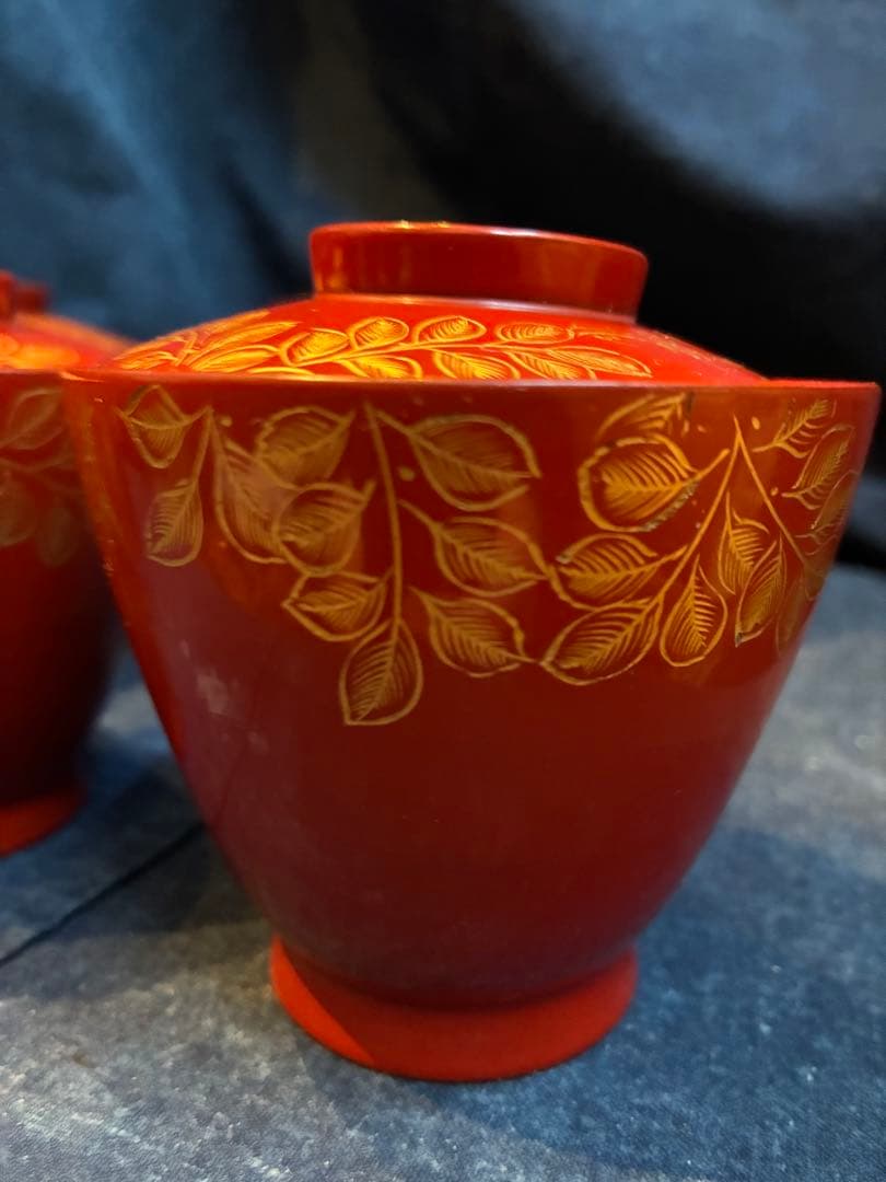 漆器　沈金　②吸物椀　荷物椀　5客　輪島塗　漆傷みなし 朱塗り　木製　小吸物