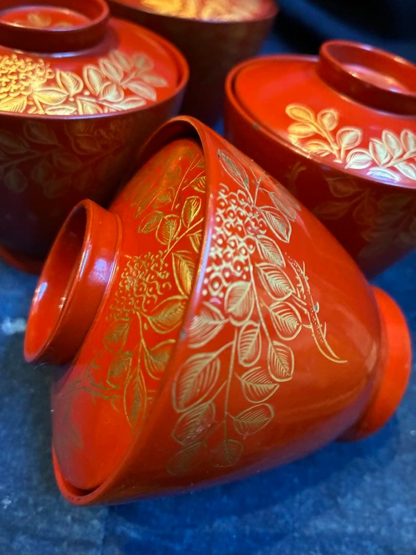 漆器　沈金　②吸物椀　荷物椀　5客　輪島塗　漆傷みなし 朱塗り　木製　小吸物