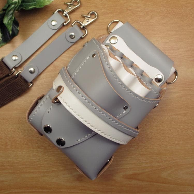 ライトグレー＆ホワイト　８丁差し　本革シザーケース　SCA-143/CHA