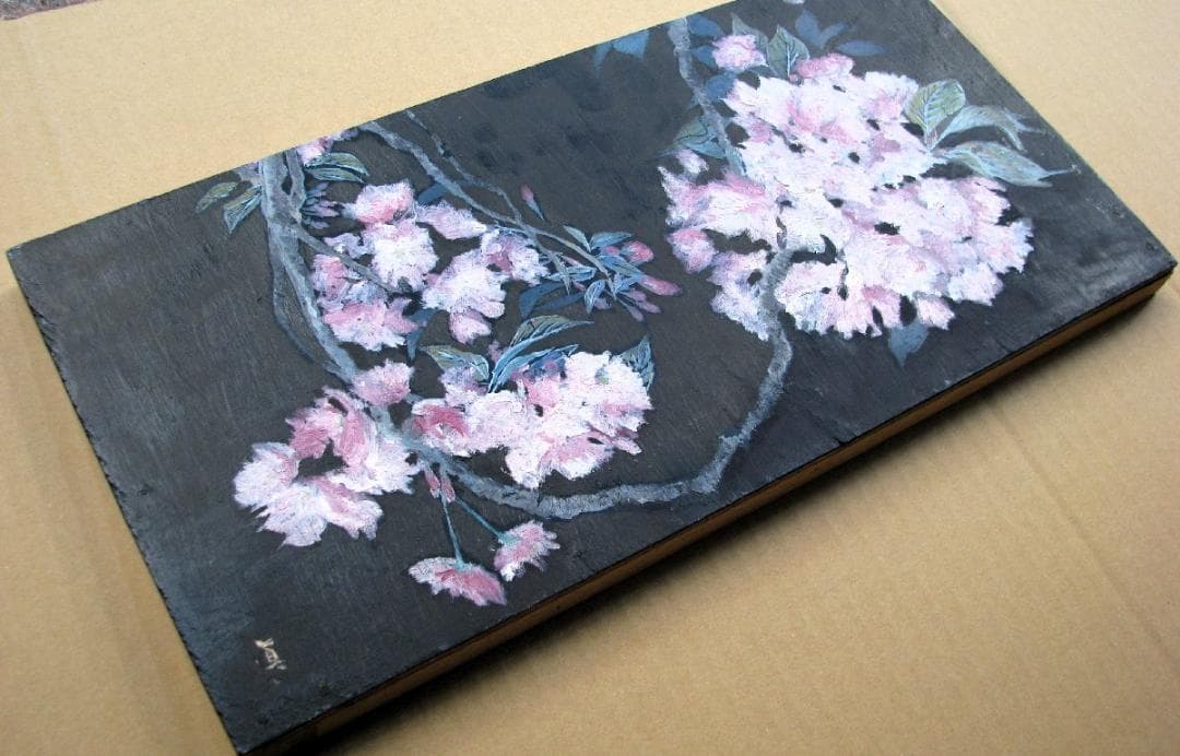 さくらの女流大家,川島眞佐「緋桜」変形6号油彩,幽玄妖艶な夜桜