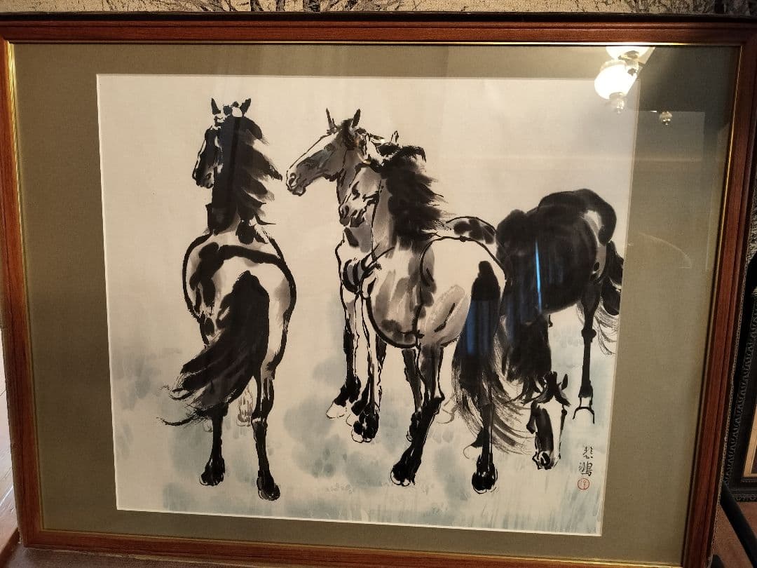 古美術品　徐悲鴻　中国絵画　中国美術　馬の図　水墨　印有　額入り