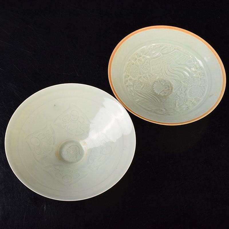 中国　影青　青白釉　陽刻　鳳凰花文　唐子文　鉢　2点　時代箱付　M　R7779