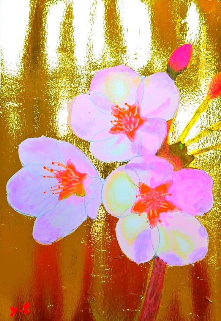 超美品！値下げ交渉あり。金箔で桜の花　アクリル画　絵画