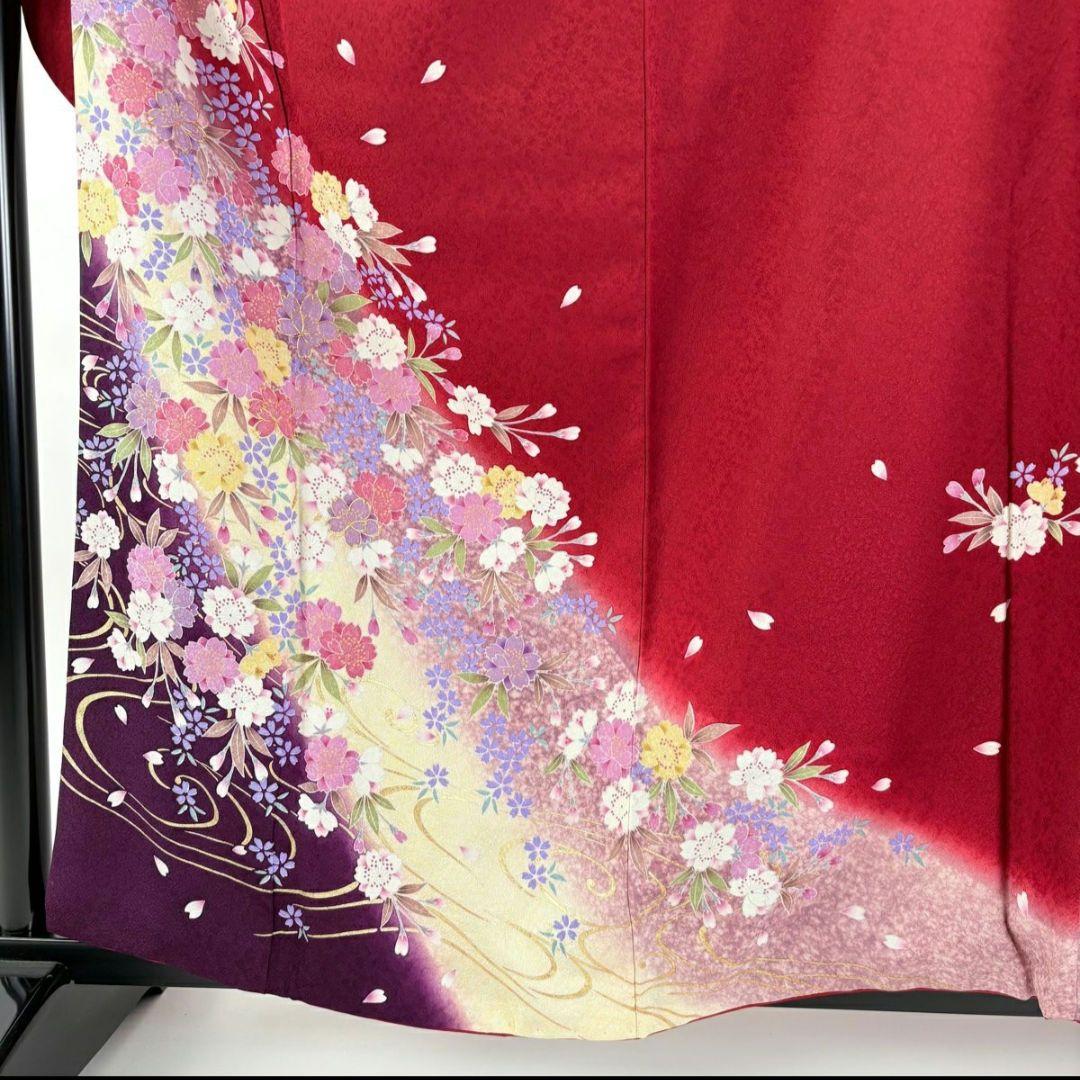 【美品】【振袖フルセット】枝垂れ桜 流水 金糸 金彩 赤