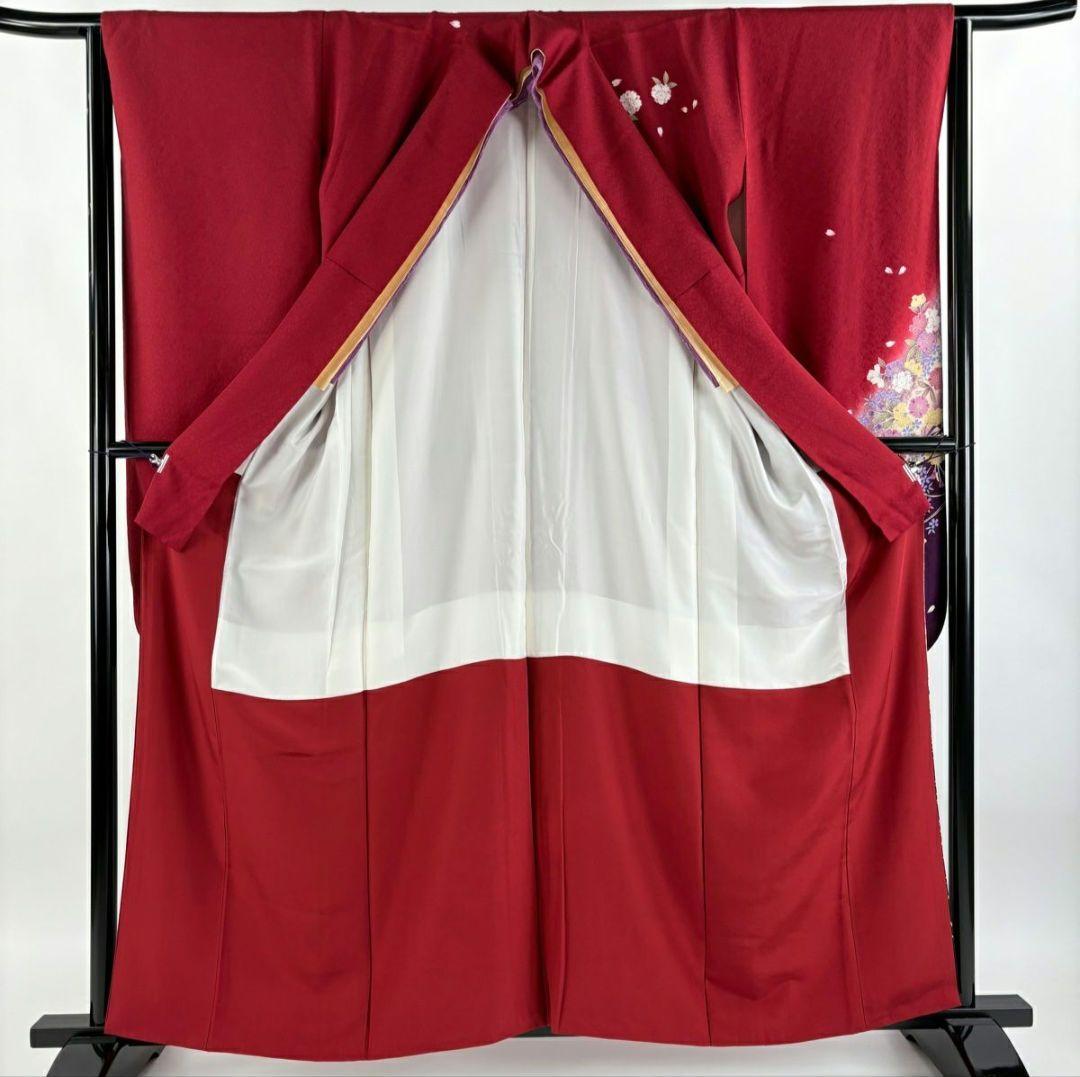 【美品】【振袖フルセット】枝垂れ桜 流水 金糸 金彩 赤