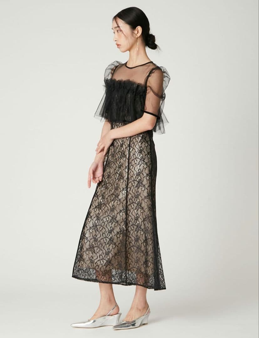 FRAY I.D シルバーリーフレースレイヤードドレス