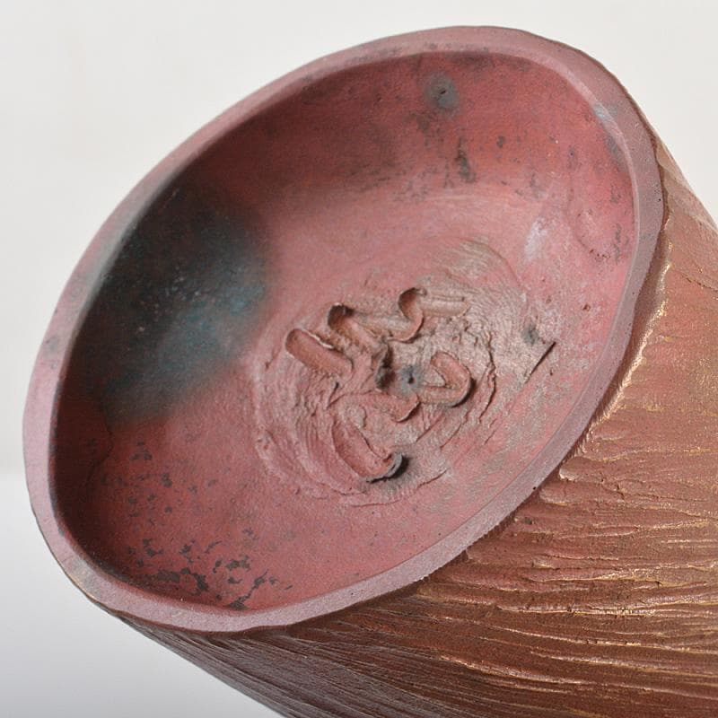 高岡銅器　須賀正紀造　蝋型鋳銅　素文耳付花生　花器　共布共箱　C　R7485