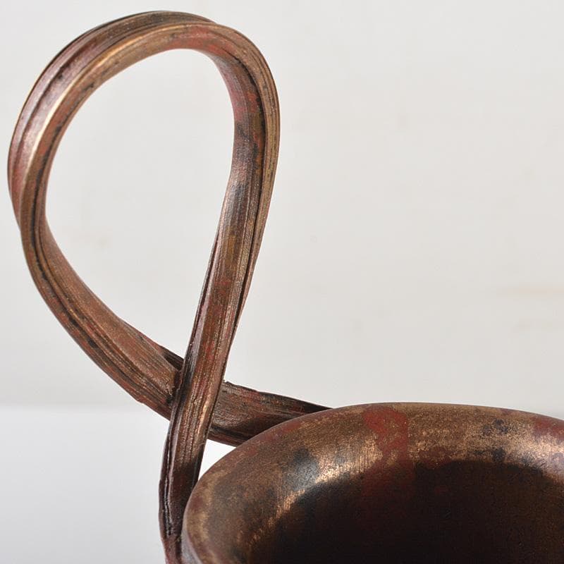 高岡銅器　須賀正紀造　蝋型鋳銅　素文耳付花生　花器　共布共箱　C　R7485