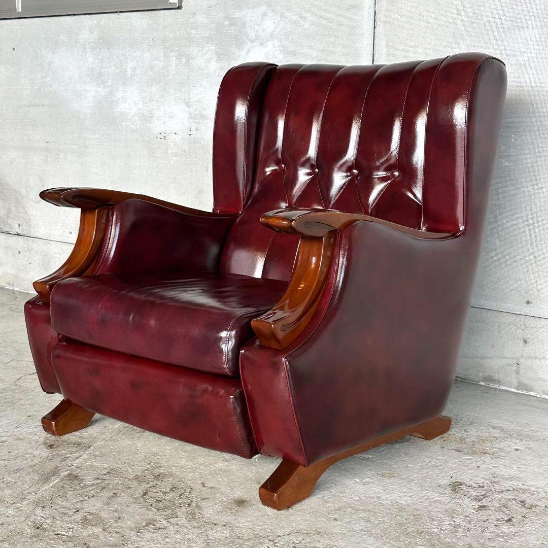ヴィンテージ　80s〜90s ミッドセンチュリー調 ウイングバック合皮ソファー