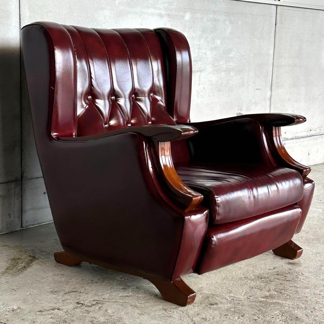 ヴィンテージ　80s〜90s ミッドセンチュリー調 ウイングバック合皮ソファー