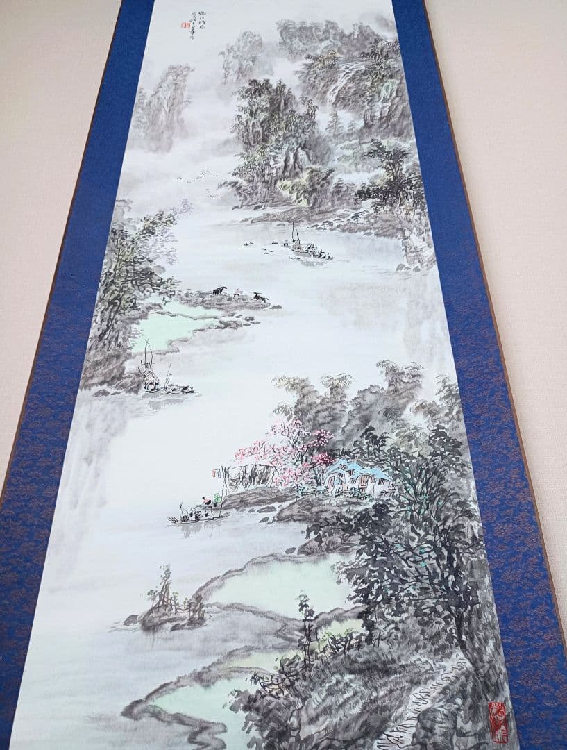 超希少 美品 中国 軸 開運 縁起物 絵 龍脈 金運 山水 花鳥 舟 美術 骨董