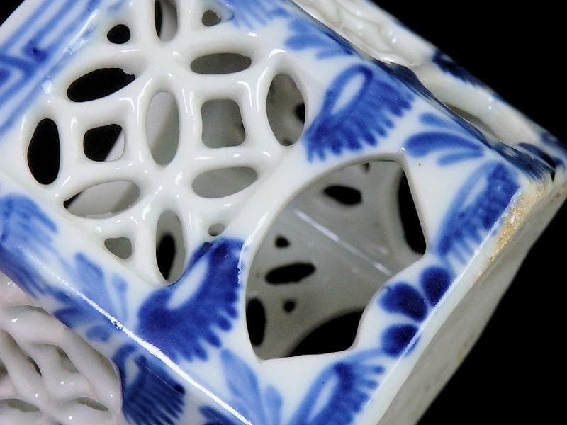 古伊万里　七宝紋透かし　六角大振盃台　ウランガラス付き　E473AS-fblk