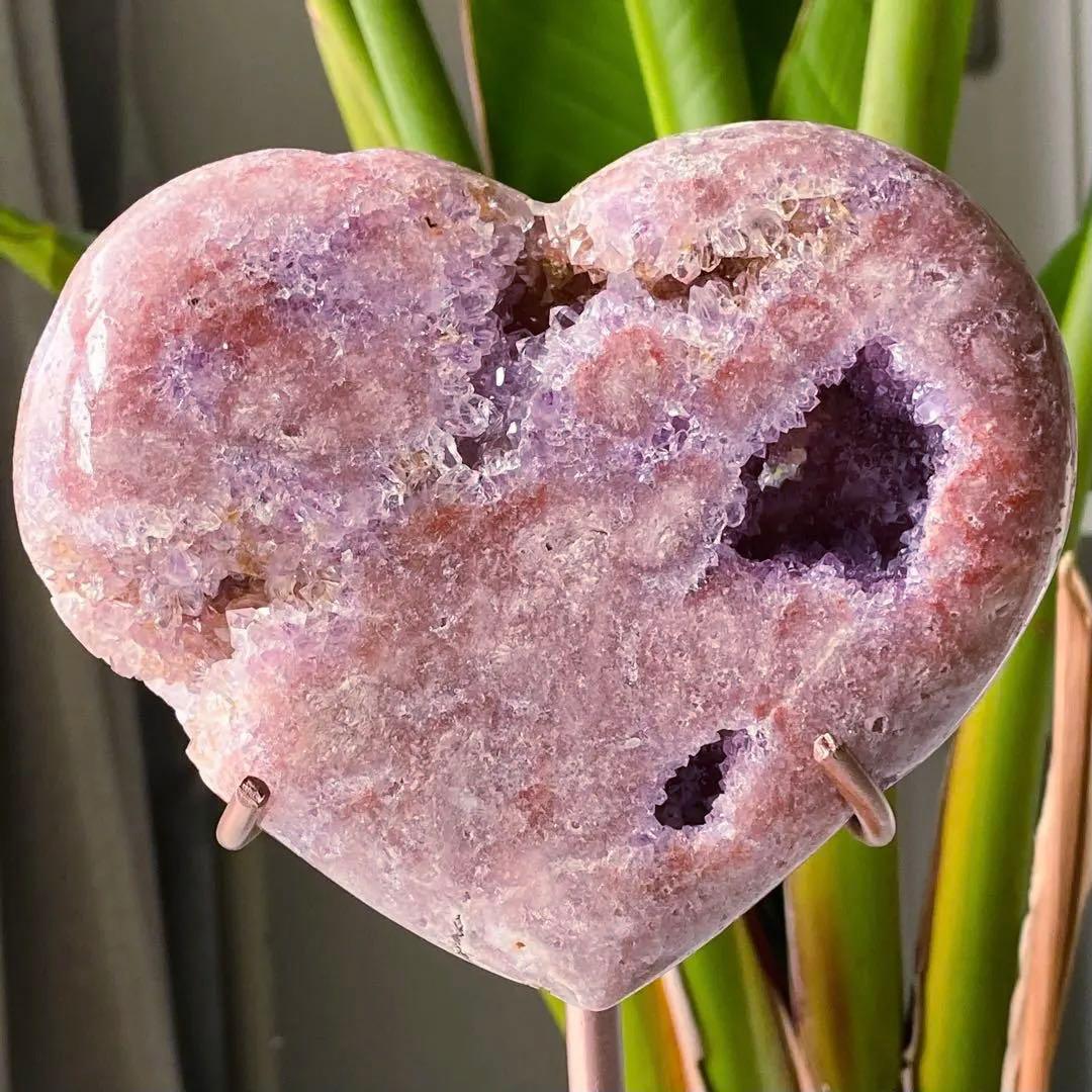 ★破格大特価【 ピンクアメジスト ドゥルージー ハート 原石 台座付き