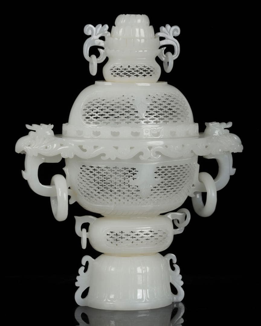 大*発様 中国古玩 白玉石大香炉 龍透彫細密彫刻 高さ36cm 唐物 古美術品