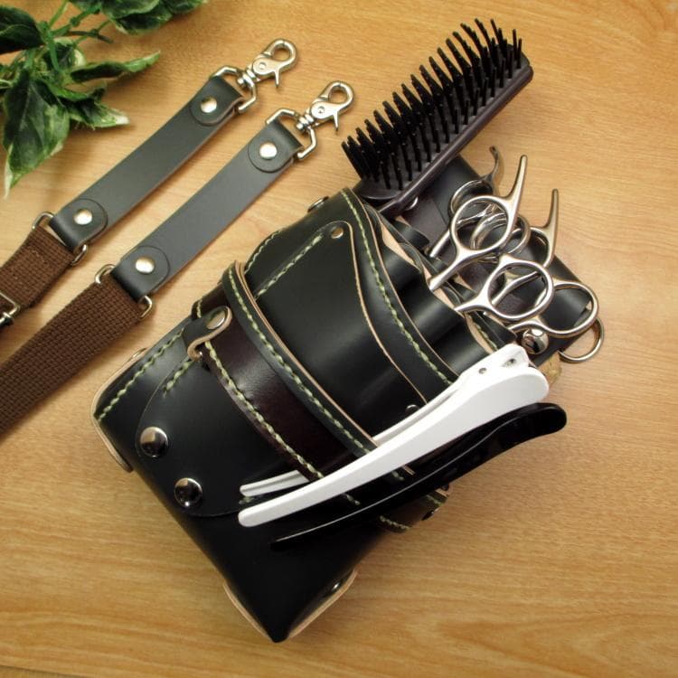 ダークグリーン＆焦げ茶　８丁差し　本革シザーケース　SCA-143/CGA