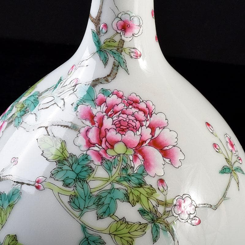 中国　大清乾隆年製　粉彩　牡丹文　長頸瓶　一輪挿し　M　8018E