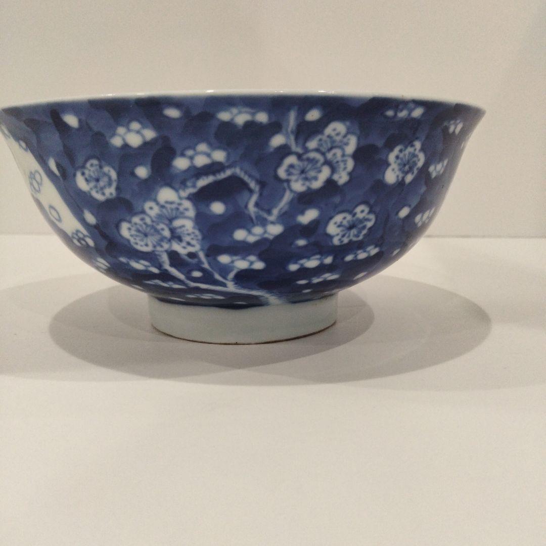 u385 上手 清朝期 古染花青花吹雪画 大振茶碗 鉢 底二輪文 古染付