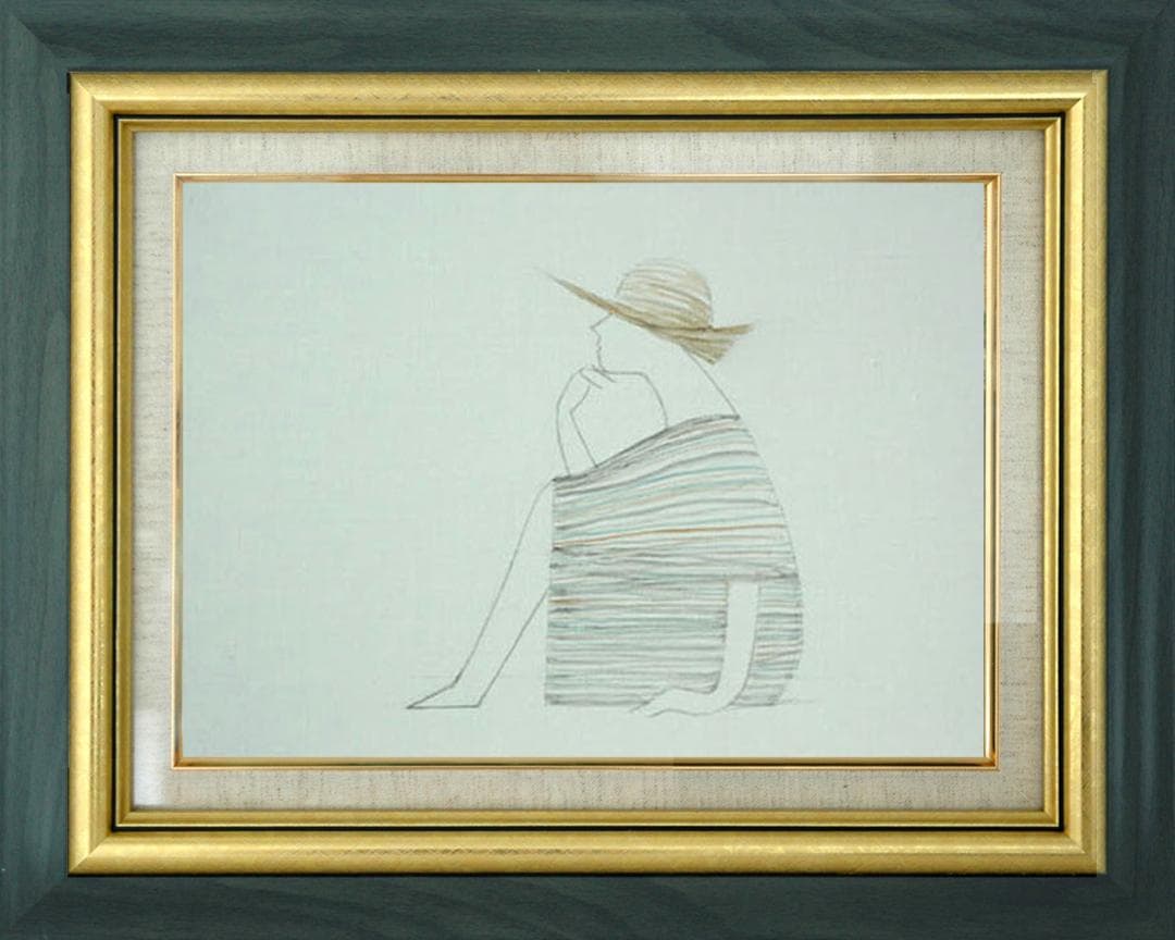 油絵 菅家令子 絵 絵画インテリア額付(青緑＋金色の枠) F4-071812女性