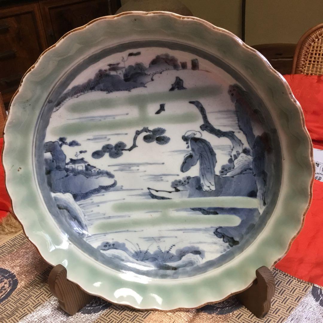 古伊万里 青磁 山水大皿 江戸時代