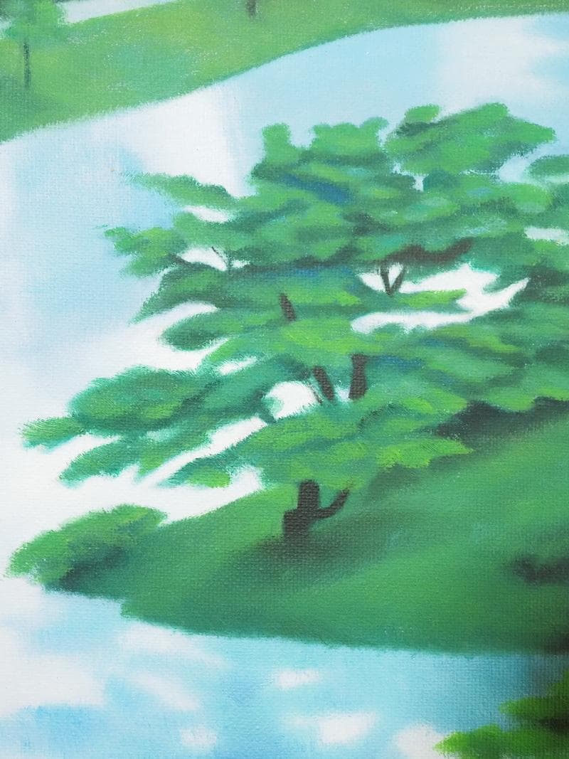 【値下げ】 風景画　油絵　東山魁夷　河辺の緑　F8　額付き　手描き　肉筆