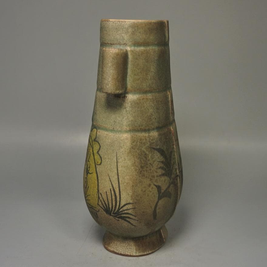 花と子供 陶器瓶　柴窯瓶　飾り壺　花瓶